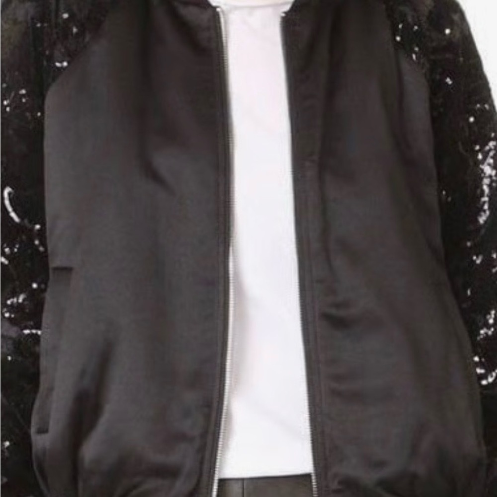 ENDLESS ROSE Black Bomber Jacket Sequin Velour Sleeves Sz Sm NWOT Chic